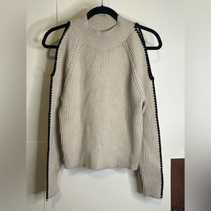 NWT Elan Women’s Size XS Sand & Black Ribbed Cold Shoulder Sweater